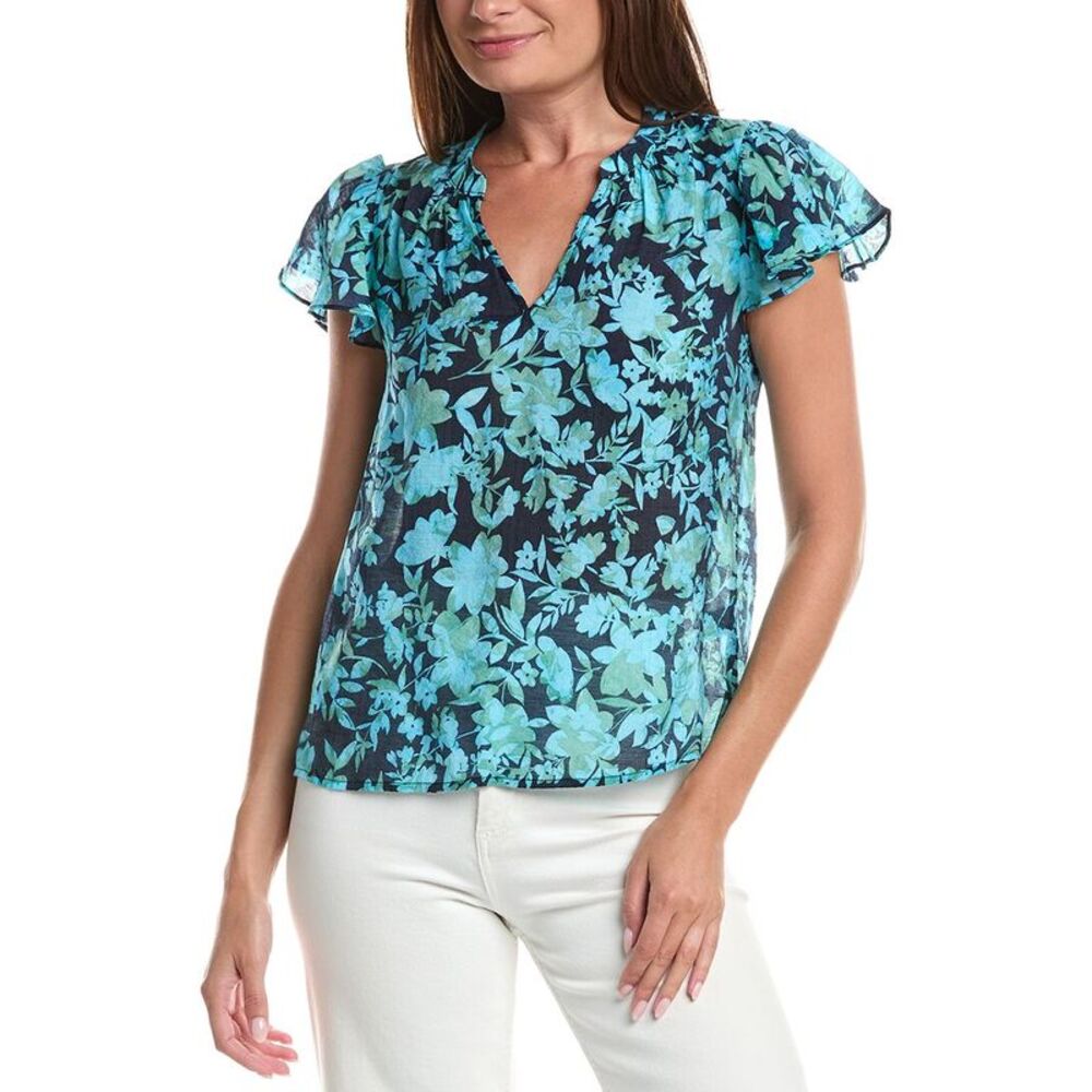Cece Womens  Shirred Neck Flutter Sleeve Blouse, Navy